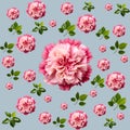 Seamless pattern with pink carnation flowers, leaves on vintage background
